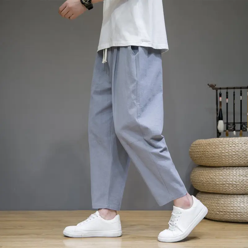 Men's Japanese Style Cotton Linen Cropped Pants Large - Image 8