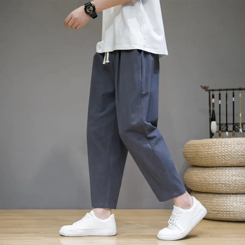 Men's Japanese Style Cotton Linen Cropped Pants Large - Image 9