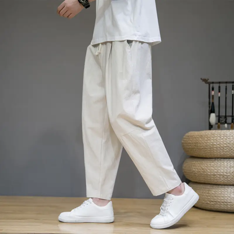 Men's Japanese Style Cotton Linen Cropped Pants Large - Image 10