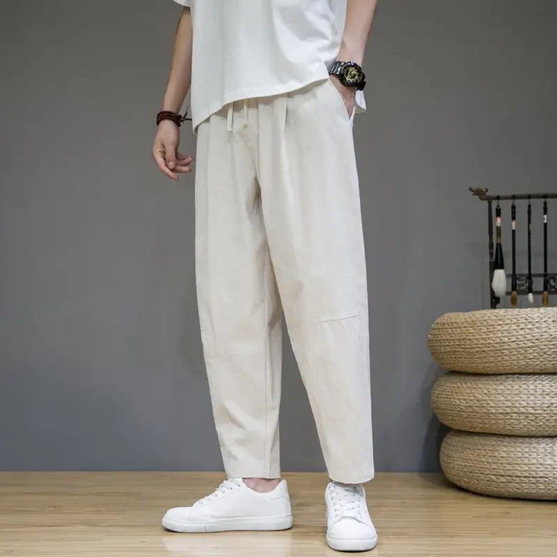 Men's Japanese Style Cotton Linen Cropped Pants Large — feature 1