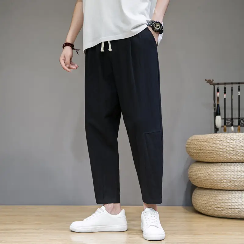 Men's Japanese Style Cotton Linen Cropped Pants Large - Image 2