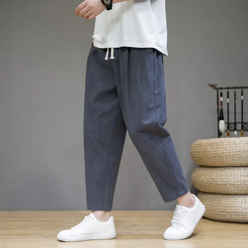 Men's Japanese Style Cotton Linen Cropped Pants Large - Image 3