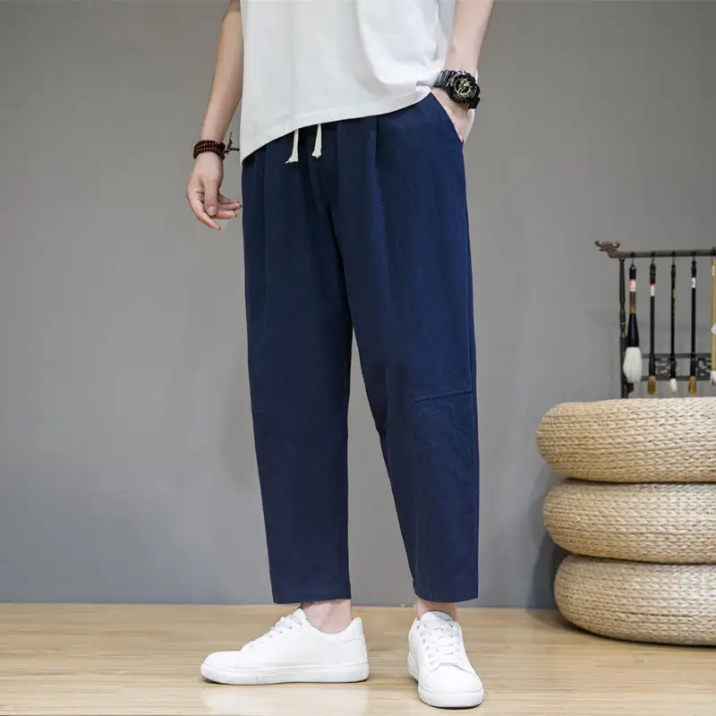 Men's Japanese Style Cotton Linen Cropped Pants Large - Image 4