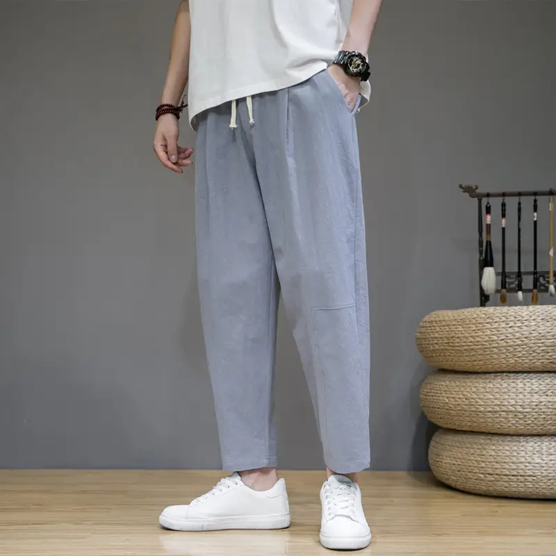 Men's Japanese Style Cotton Linen Cropped Pants Large - Image 5