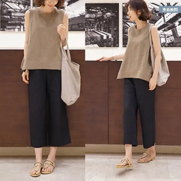 Women Cotton Linen Wide Leg Pants Large Spring Summer Loose - Image 2