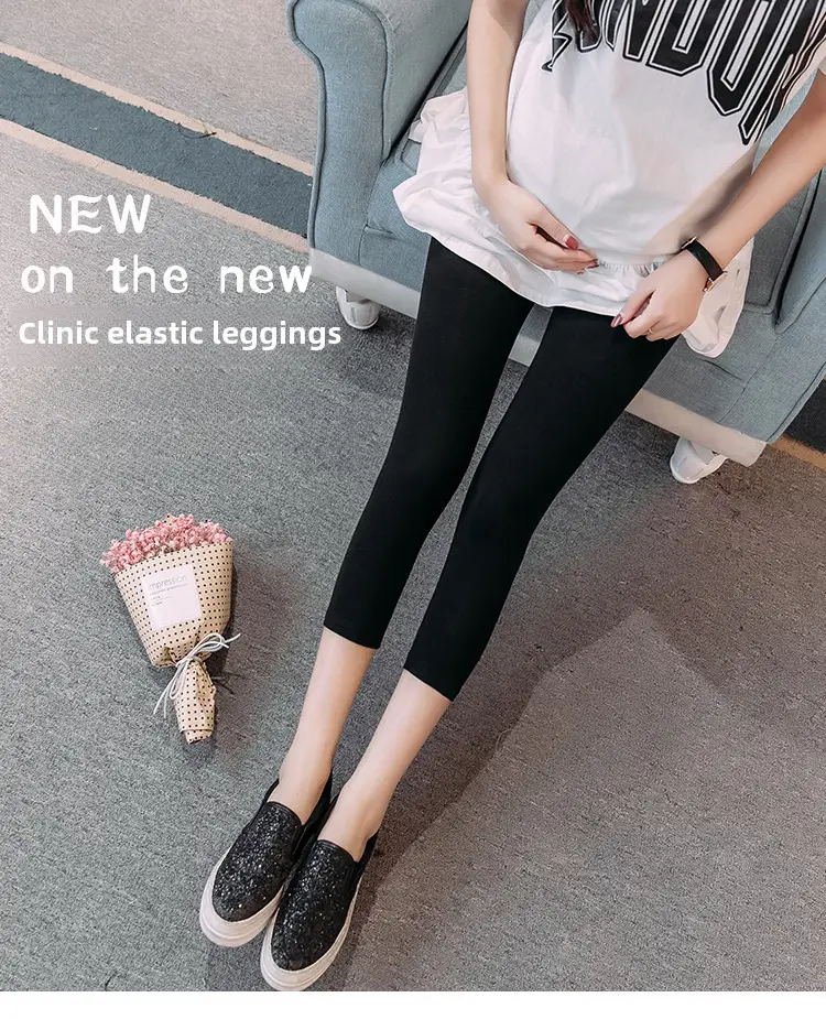 Pregnant Women's Black Elastic Leggings Summer Capri Pants - Image 2