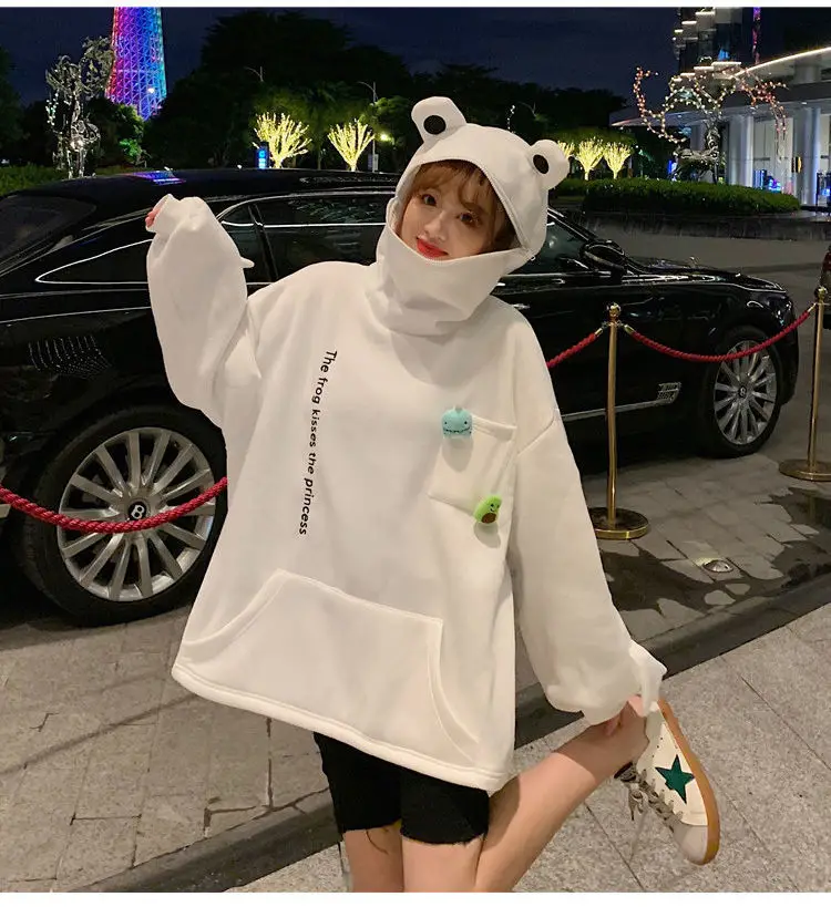 Women Korean Style Frog Hoodie Green Velvet Thickened — feature 17