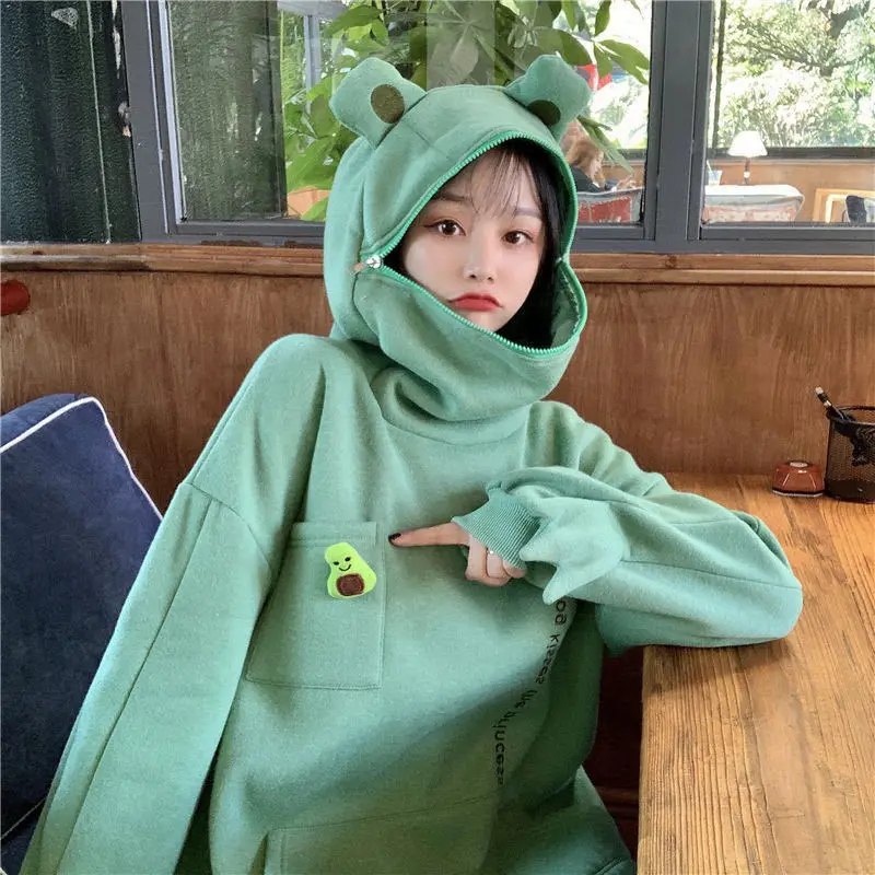 Women Korean Style Frog Hoodie Green Velvet Thickened — feature 4