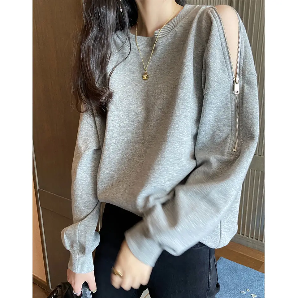 Women's Grey Zipper Off-Shoulder Sweater Long Sleeve - Image 5