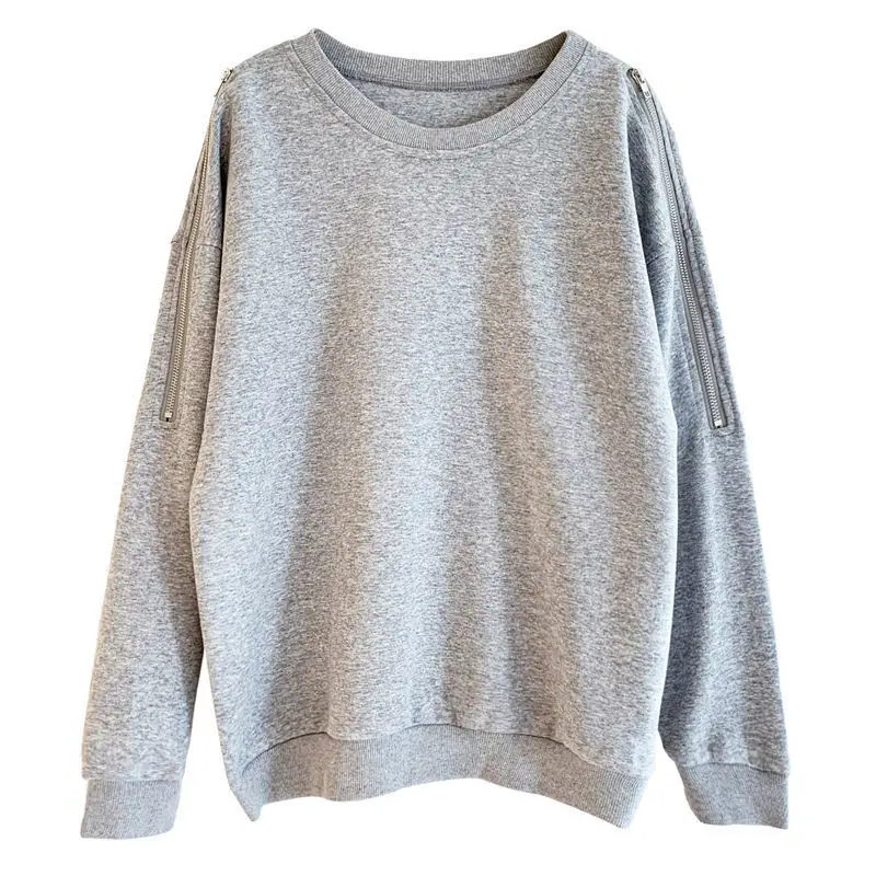 Women's Grey Zipper Off-Shoulder Sweater Long Sleeve - Image 8