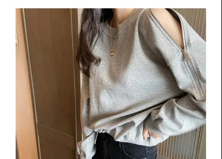 Women's Grey Zipper Off-Shoulder Sweater Long Sleeve — feature 10