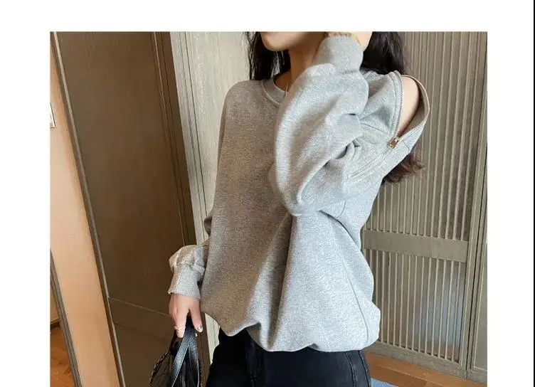Women's Grey Zipper Off-Shoulder Sweater Long Sleeve — feature 11