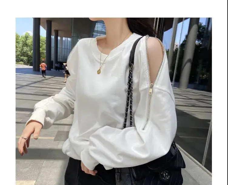 Women's Grey Zipper Off-Shoulder Sweater Long Sleeve — feature 13