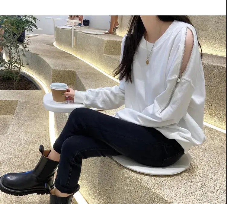 Women's Grey Zipper Off-Shoulder Sweater Long Sleeve — feature 14