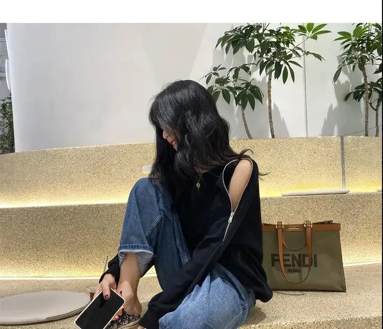 Women's Grey Zipper Off-Shoulder Sweater Long Sleeve — feature 19