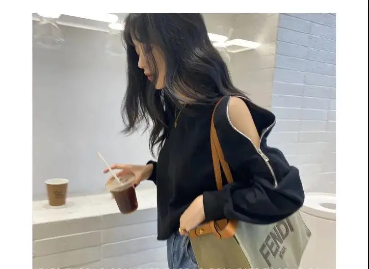 Women's Grey Zipper Off-Shoulder Sweater Long Sleeve — feature 26