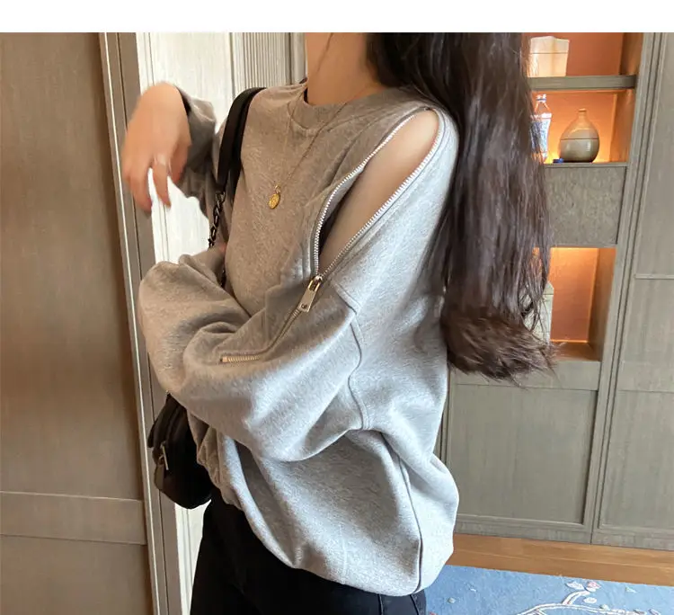 Women's Grey Zipper Off-Shoulder Sweater Long Sleeve — feature 5