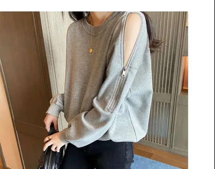 Women's Grey Zipper Off-Shoulder Sweater Long Sleeve — feature 7