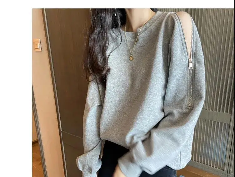 Women's Grey Zipper Off-Shoulder Sweater Long Sleeve — feature 8