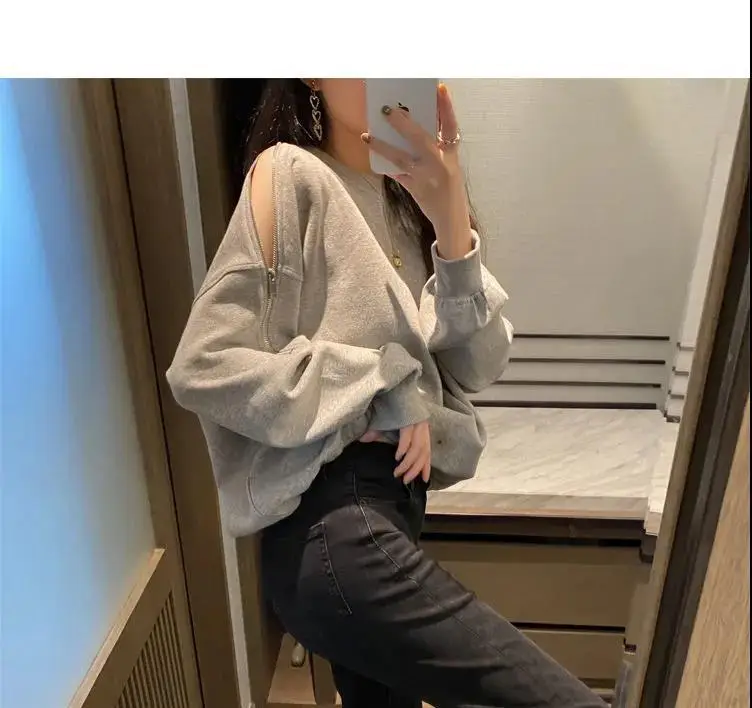 Women's Grey Zipper Off-Shoulder Sweater Long Sleeve — feature 9