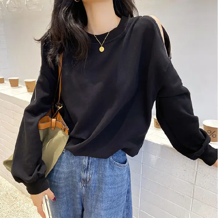 Women's Grey Zipper Off-Shoulder Sweater Long Sleeve - Image 2