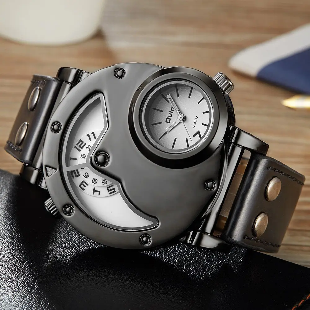 Men's Black Quartz Double Time Zone Watch with Leather Strap - Image 14
