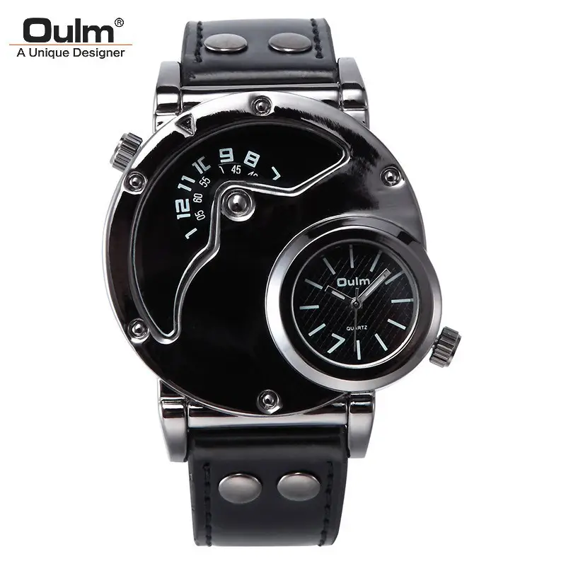 Men's Black Quartz Double Time Zone Watch with Leather Strap - Image 17