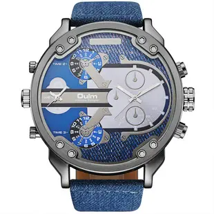 Men's Black Quartz Double Time Zone Watch with Leather Strap — feature 13