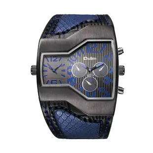 Men's Black Quartz Double Time Zone Watch with Leather Strap — feature 17