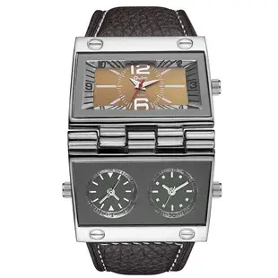Men's Black Quartz Double Time Zone Watch with Leather Strap — feature 19