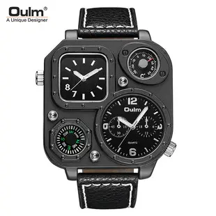 Men's Black Quartz Double Time Zone Watch with Leather Strap — feature 23