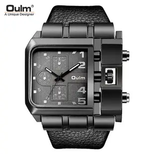 Men's Black Quartz Double Time Zone Watch with Leather Strap — feature 3