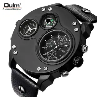 Men's Black Quartz Double Time Zone Watch with Leather Strap — feature 5