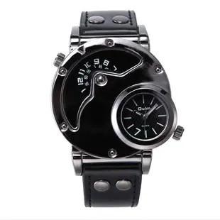 Men's Black Quartz Double Time Zone Watch with Leather Strap — feature 7