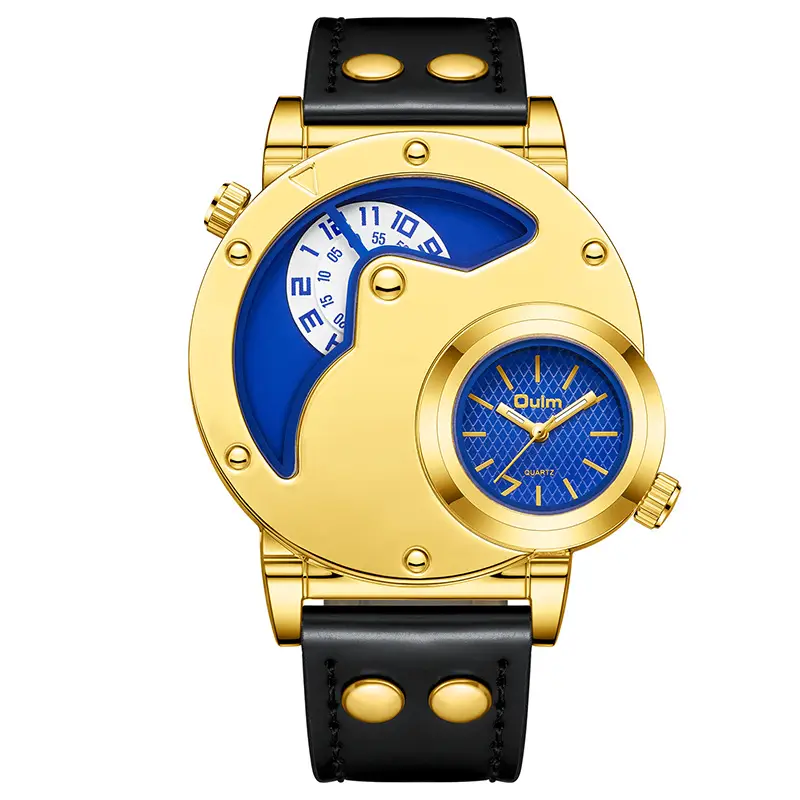 Men's Black Quartz Double Time Zone Watch with Leather Strap - Image 10