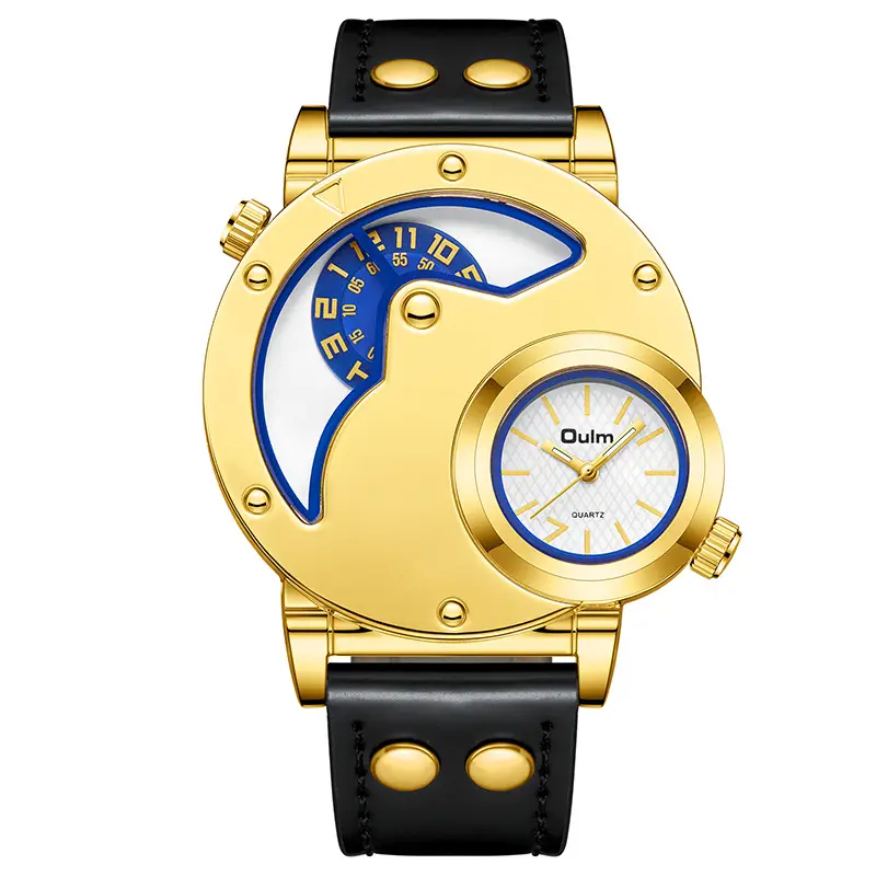 Men's Black Quartz Double Time Zone Watch with Leather Strap - Image 11