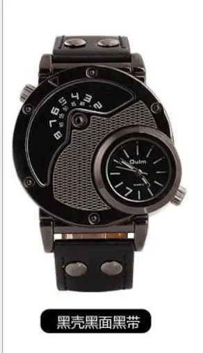 Men's Black Quartz Double Time Zone Watch with Leather Strap - Image 5
