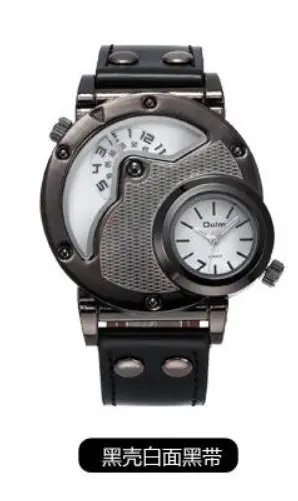 Men's Black Quartz Double Time Zone Watch with Leather Strap - Image 6