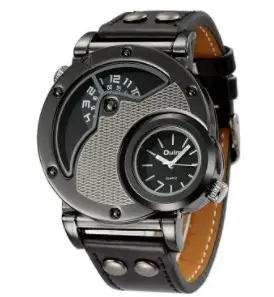 Men's Black Quartz Double Time Zone Watch with Leather Strap - Image 7