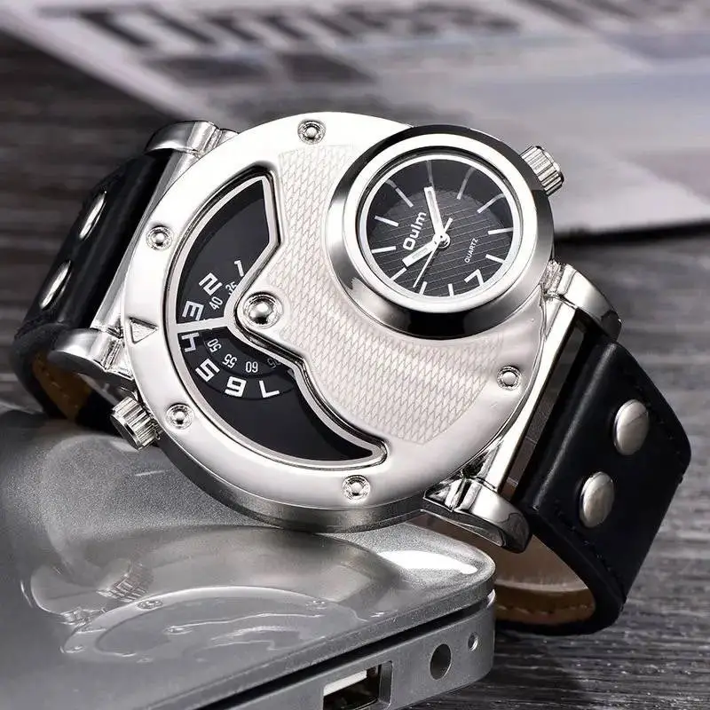 Men's Black Quartz Double Time Zone Watch with Leather Strap - Image 8
