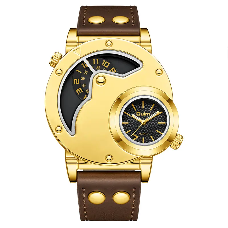 Men's Black Quartz Double Time Zone Watch with Leather Strap - Image 9