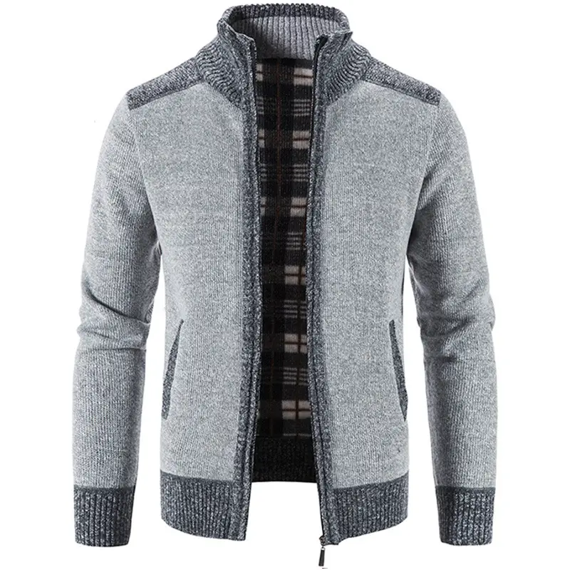 Men's Grey Velvet Cardigan Jacket Winter Coat - Image 6