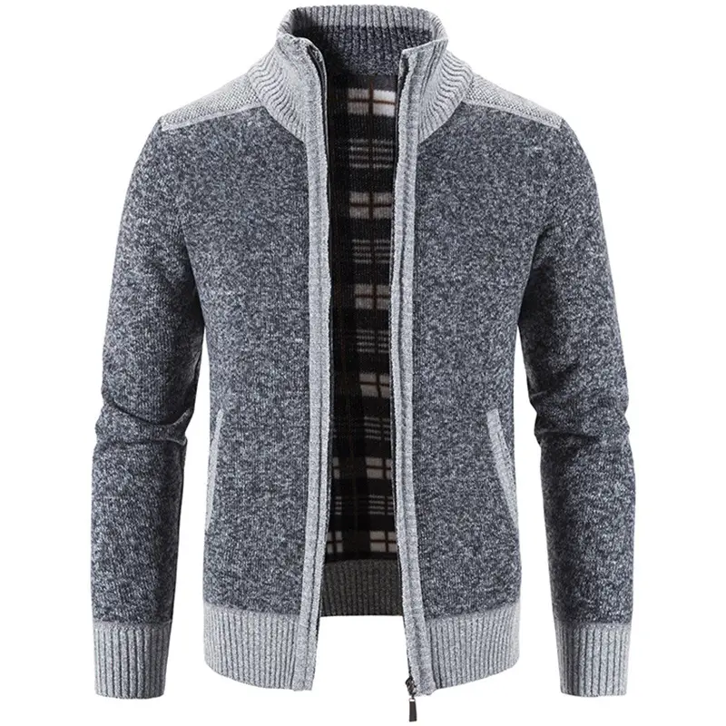 Men's Grey Velvet Cardigan Jacket Winter Coat - Image 7