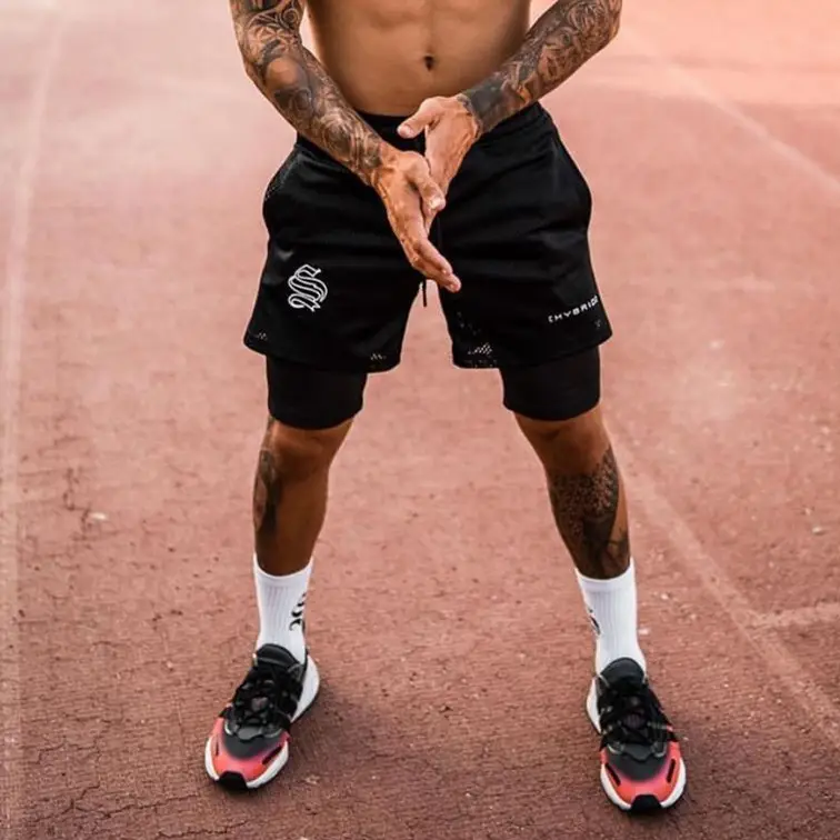 Men Black Orange Two Layer Sports Shorts Training Pants - Image 10