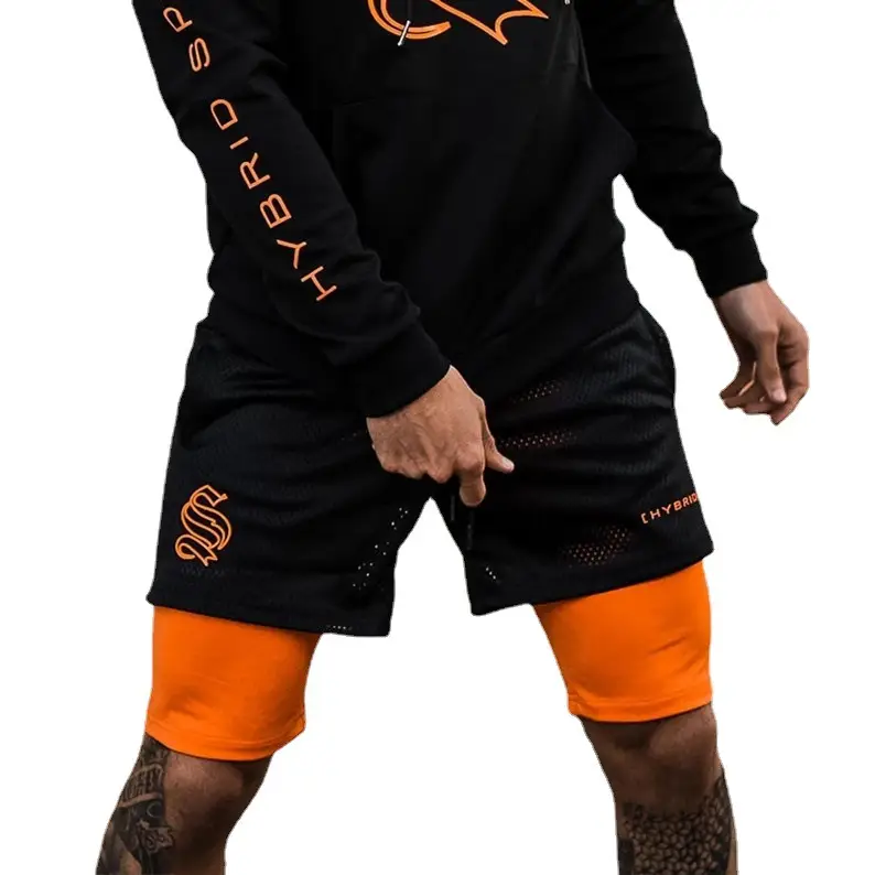 Men Black Orange Two Layer Sports Shorts Training Pants - Image 13
