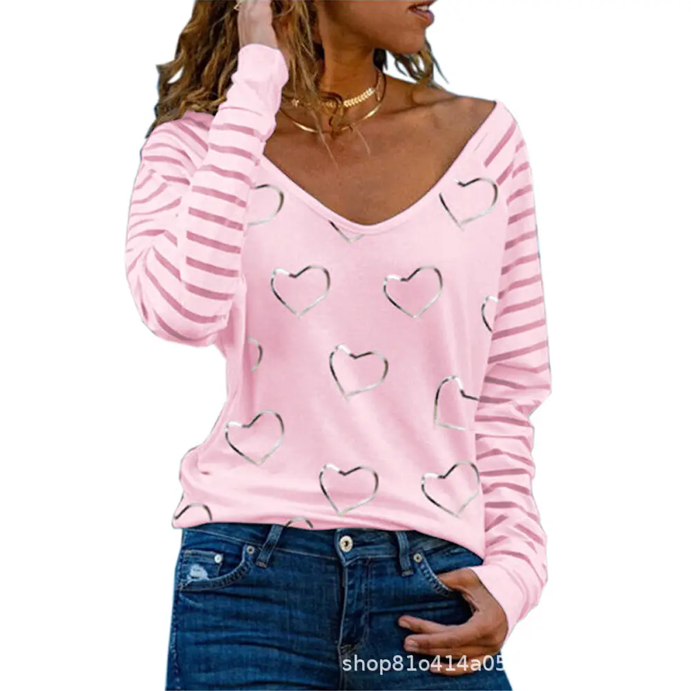 Women's White Heart Print Long Sleeve T-Shirt with Wide Collar - Image 10
