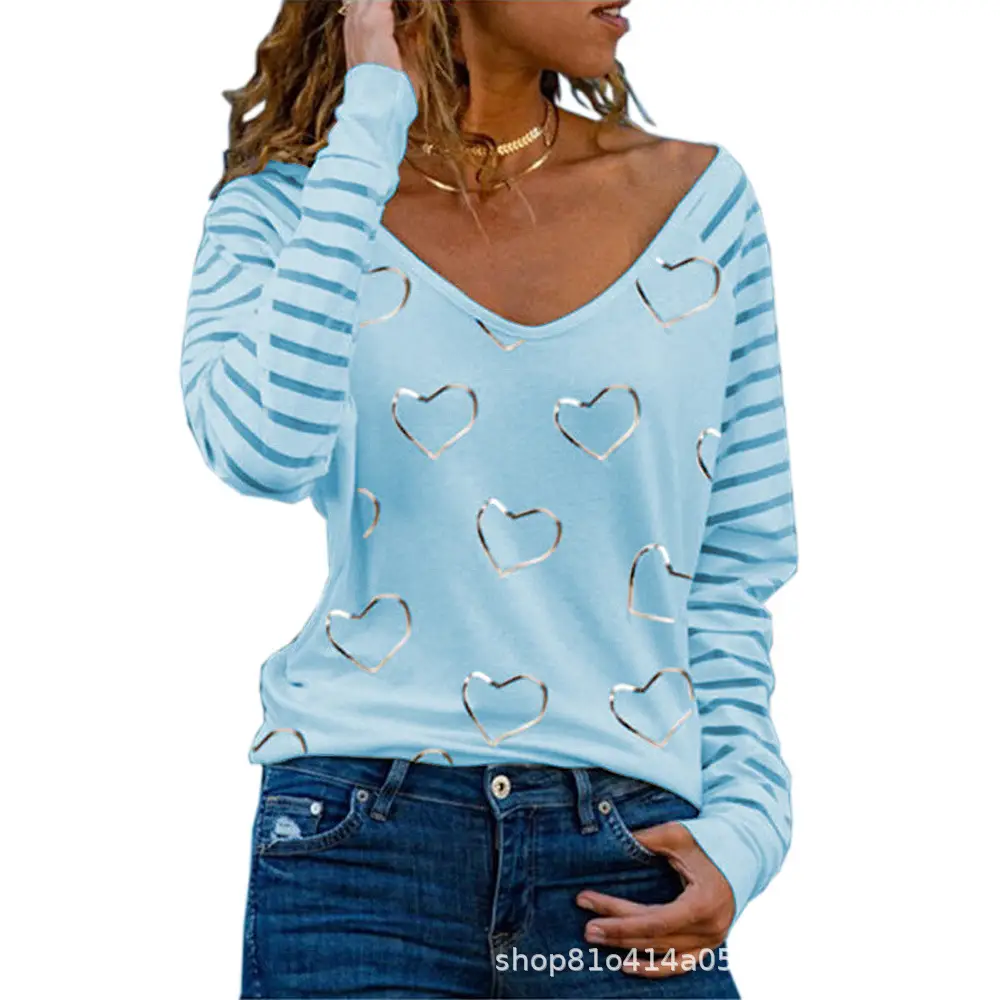 Women's White Heart Print Long Sleeve T-Shirt with Wide Collar - Image 13