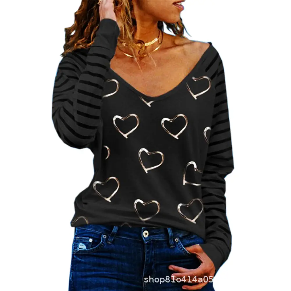Women's White Heart Print Long Sleeve T-Shirt with Wide Collar - Image 8