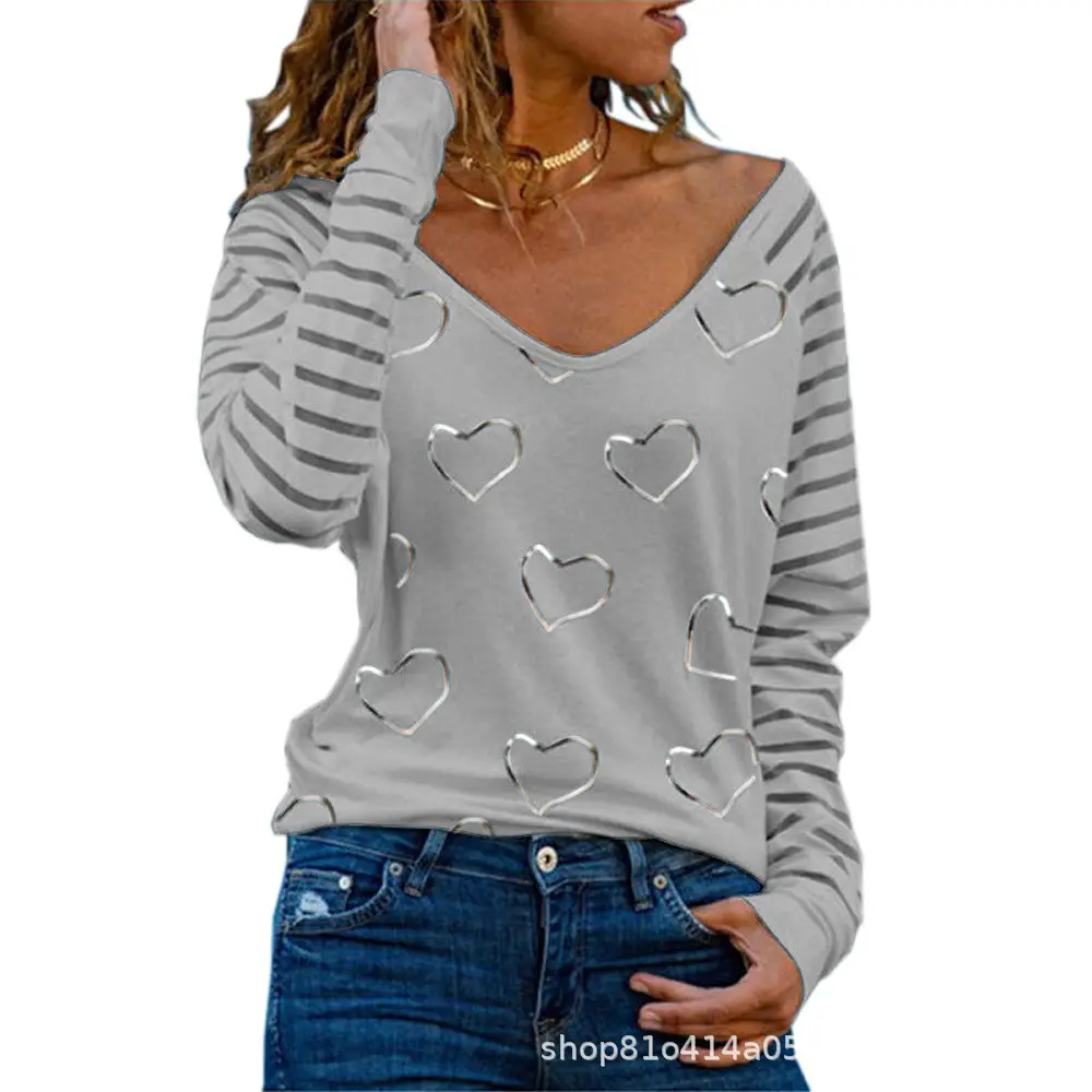 Women's White Heart Print Long Sleeve T-Shirt with Wide Collar - Image 9