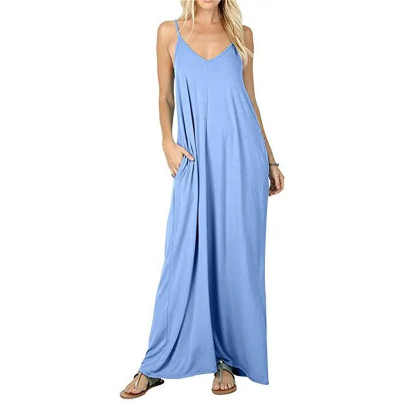 Blue Loose Sleeveless V-Neck Dress for Women